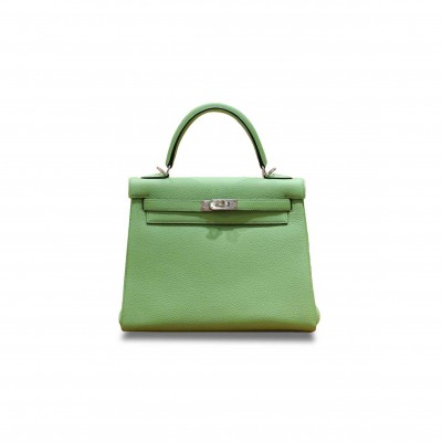 HERMÈS  KELLY 25 AVOCADO GREEN TOGO SILVER BUCKLE (25*17*7cm) 